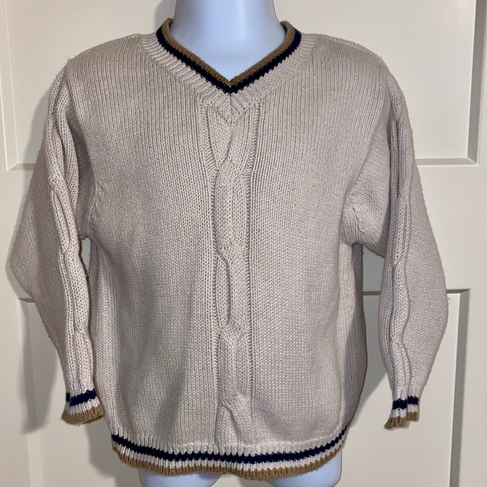 BABY GAP TODDLER BOYS COTTON CABLE KNIT SWEATER CREAM TAN NAVY V NECK 18-24 M